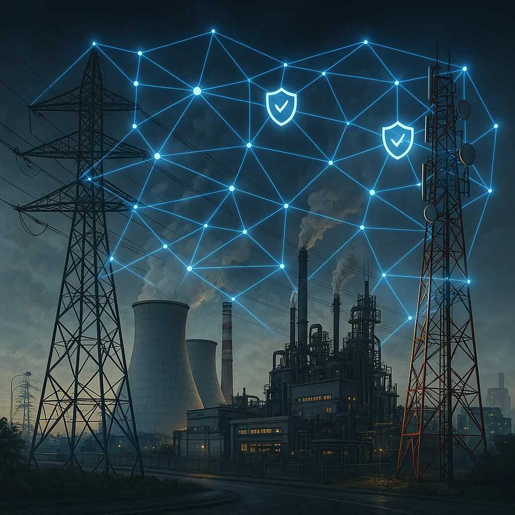 Illustration of critical infrastructure interconnected with digital lines representing cybersecurity protection