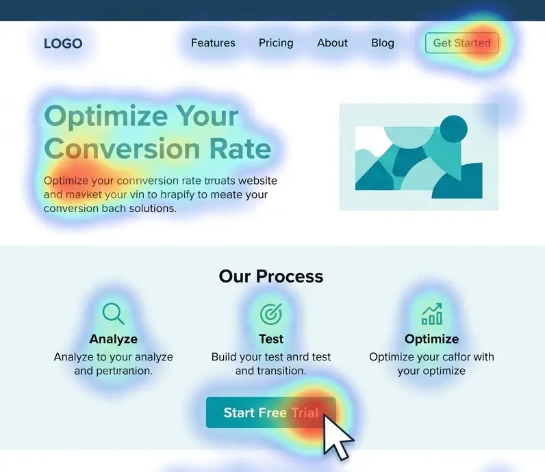 A heatmap of a website showing the areas of the website that are most likely to be converted on